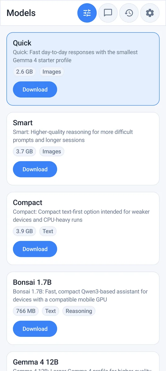Local AI model catalog on Android